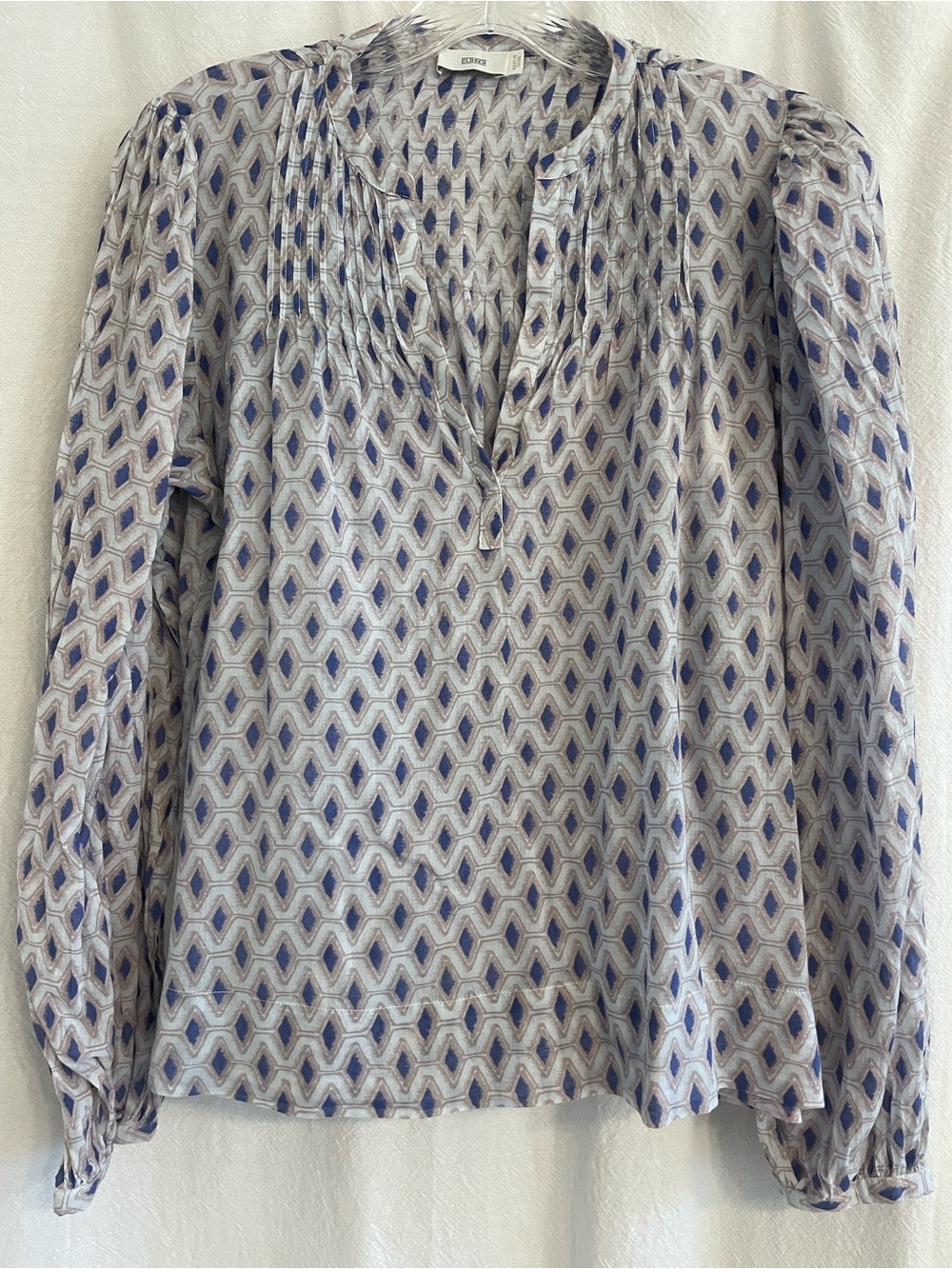 Closed Boho Blouse with Blue, Purple, and Tan Pattern, size XS (loose fit)